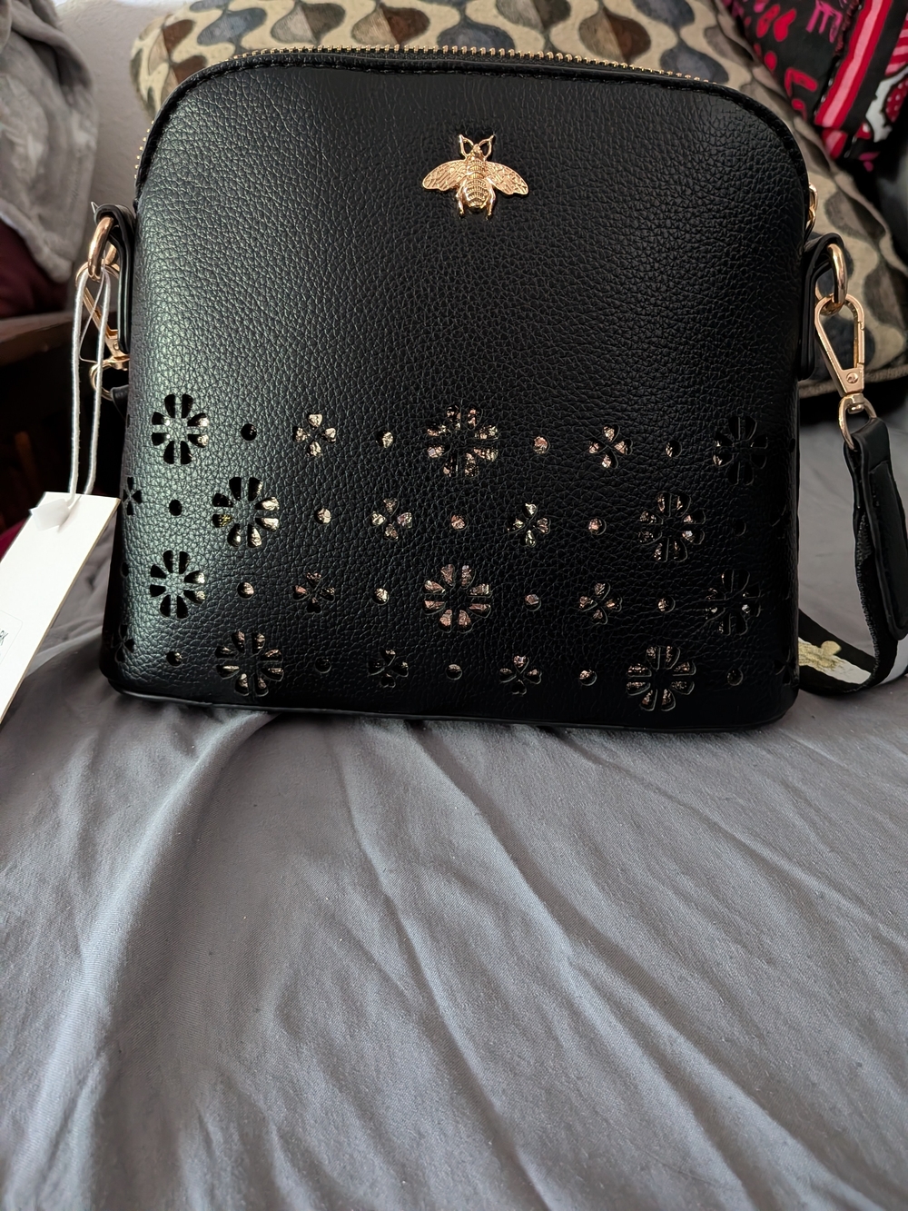 Black Crossbody Bag with Gold Bee Accent - Women's Bag